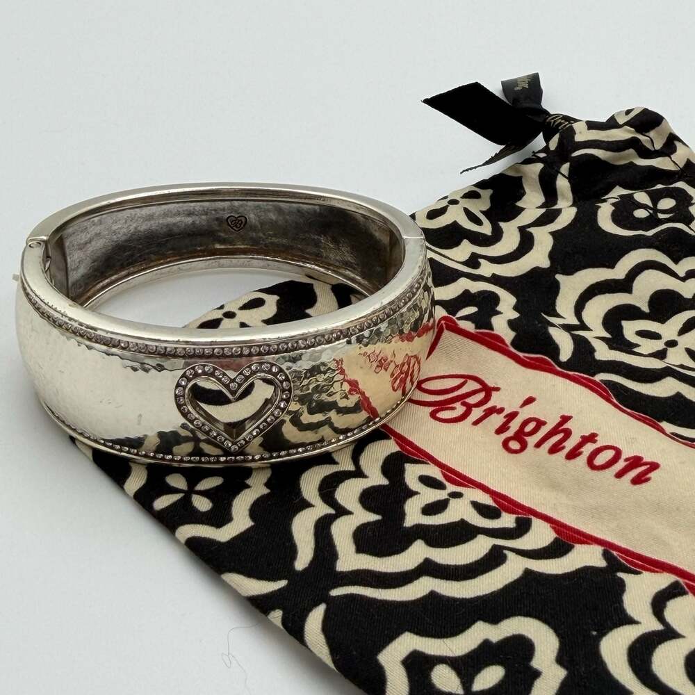 Brighton Heart Cutout Bangle OS Pavé Crystal Hammered Silver Hinged Bracelet